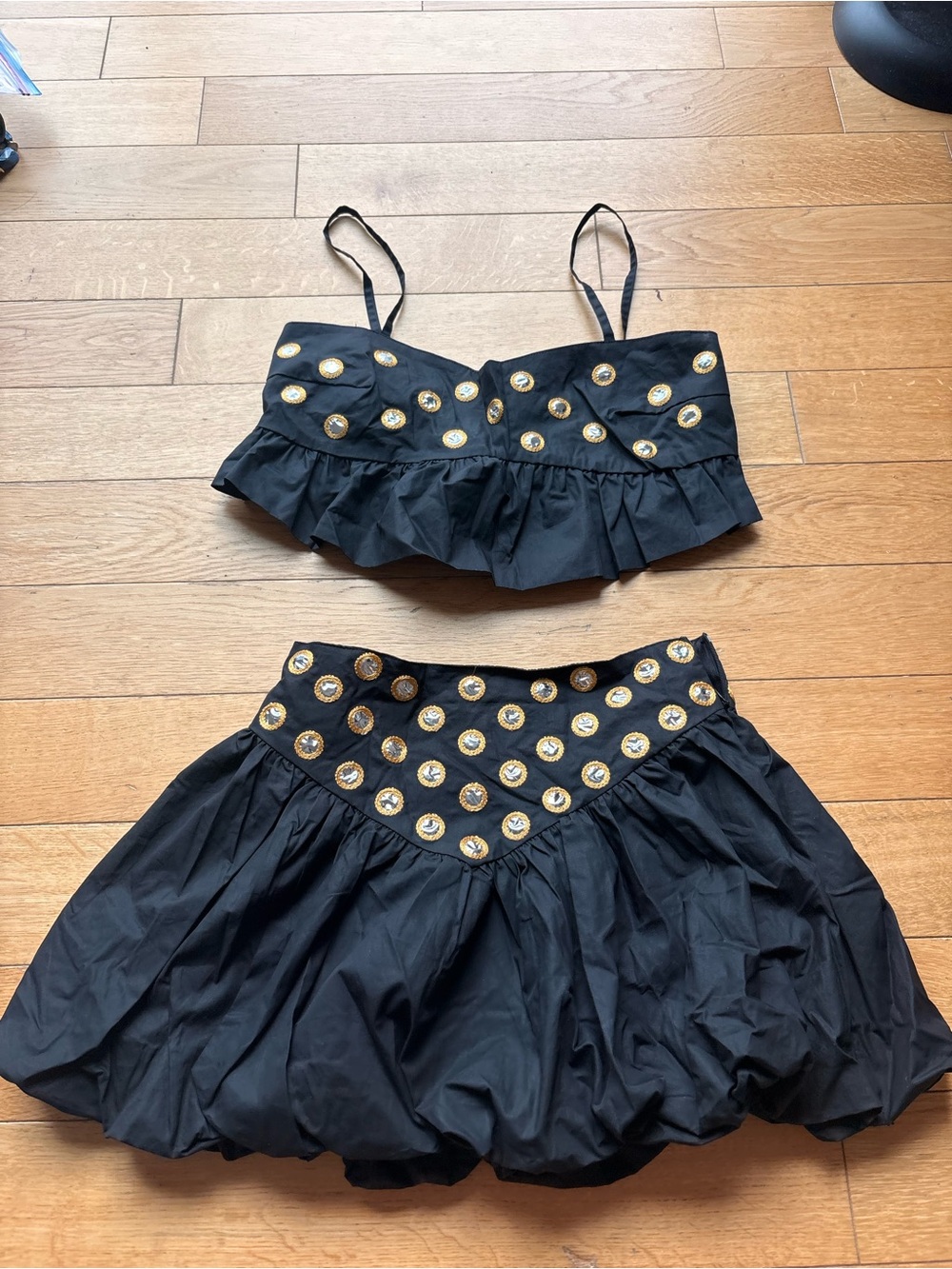 Women’s two piece set for game day-Black Embellished Ruffle Mini Skirt